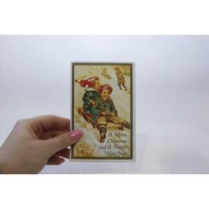Merry Christmas, Happy New Year, Children Sledding, Rare Postcard, Unused,